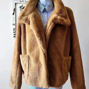 Leith Camel Brown Faux Fur Short Teddy Coat Jacket Size L